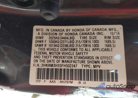 2015 Honda Cr-V Lx from USA, damaged, VIN 2HKRM3H35FH502347